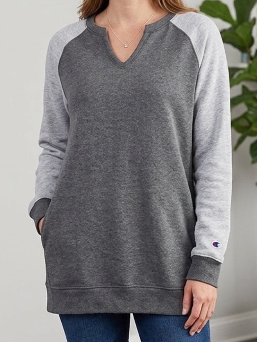 Champion Vintage Pullover Sweatshirt Size Medium Gray V Neck Color block